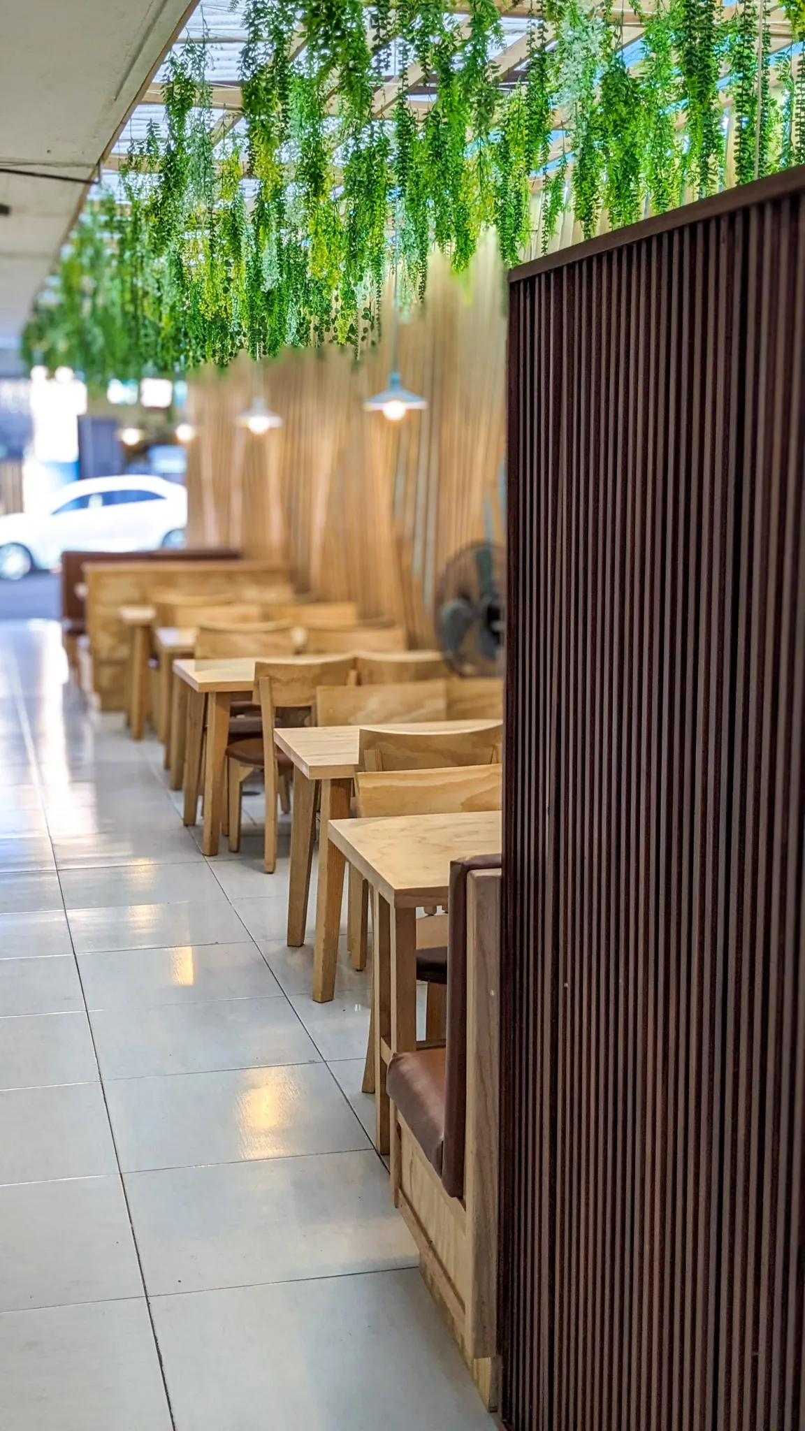 Square view showing hanging plants above wooden seating